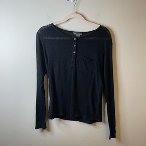 Vince Black Linen Long Sleeve Henley Button Pocket Top Minimalist Neutral